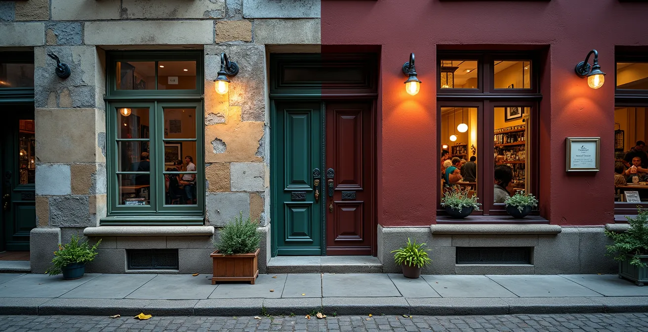 Contrast between renovated heritage buildings and modern tourist shops in Petit-Champlain district