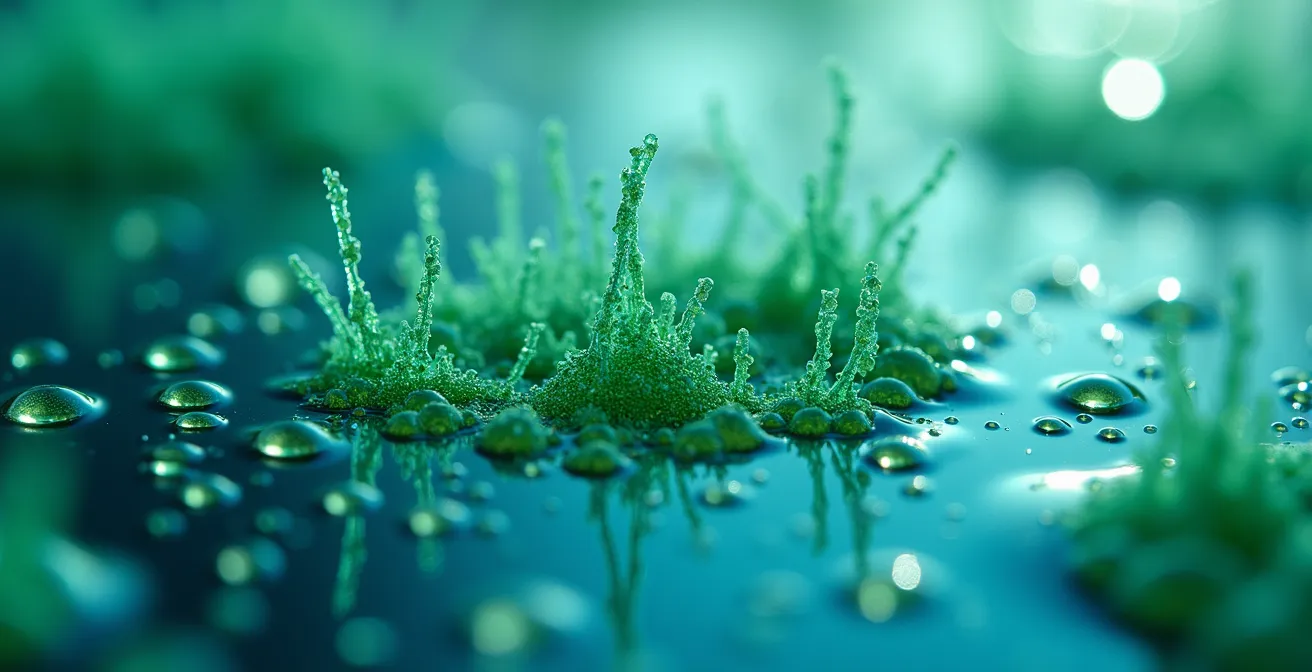 Macro view of algae bloom formation in freshwater showing microscopic detail