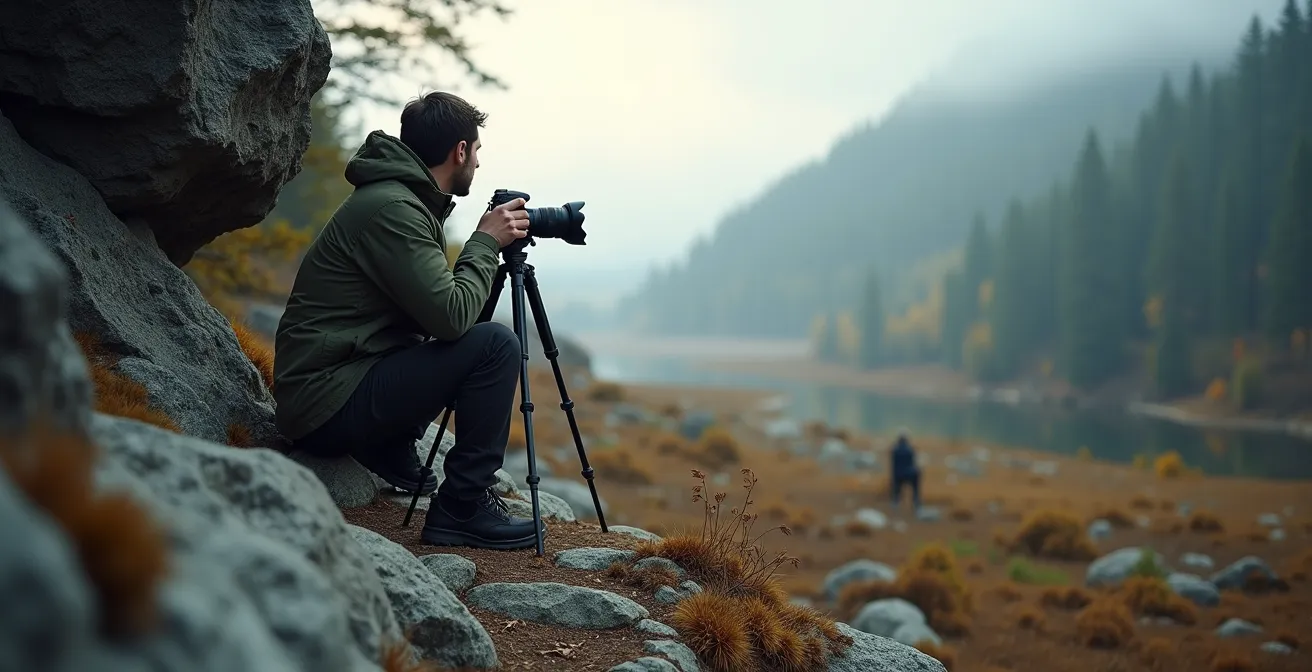 Wildlife photographer using natural concealment and patient observation technique