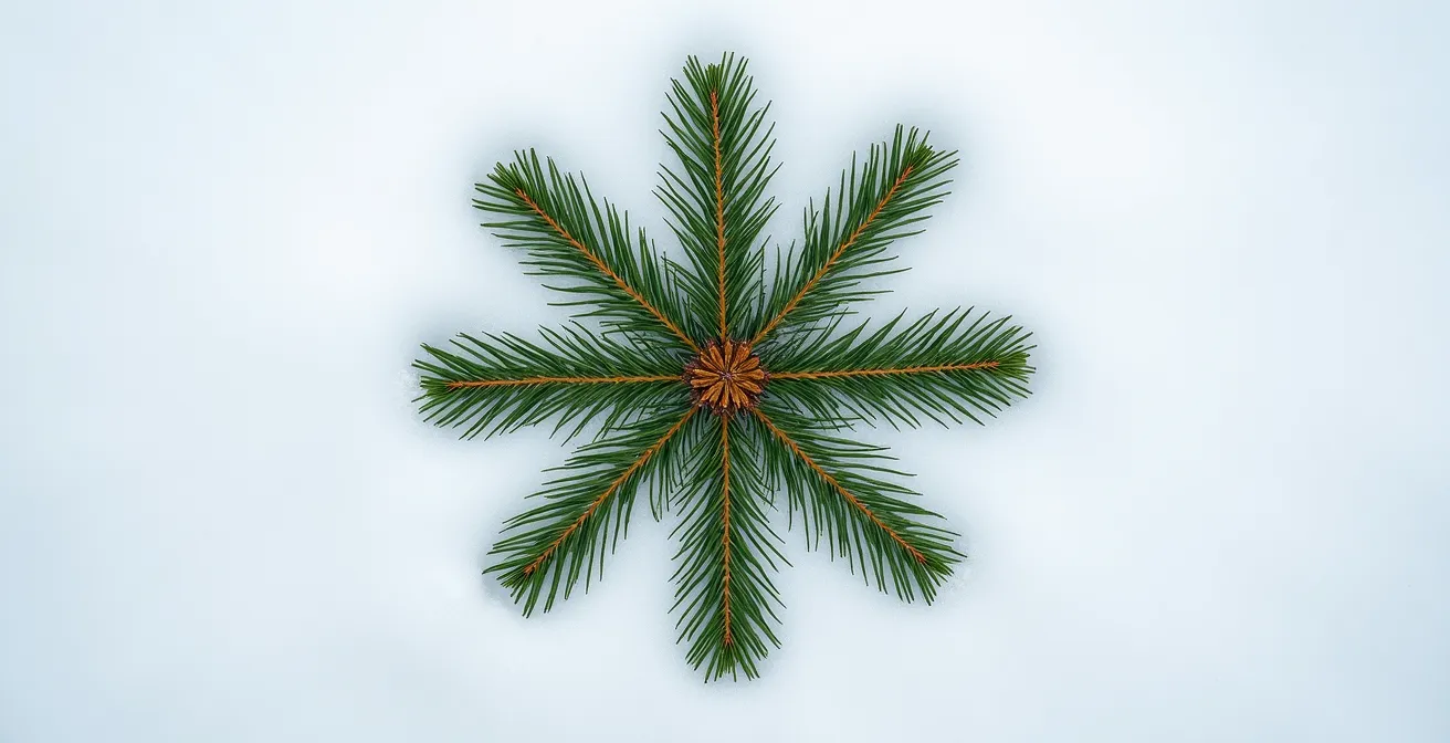 Macro view of pine needles showing identifying features against snowy background