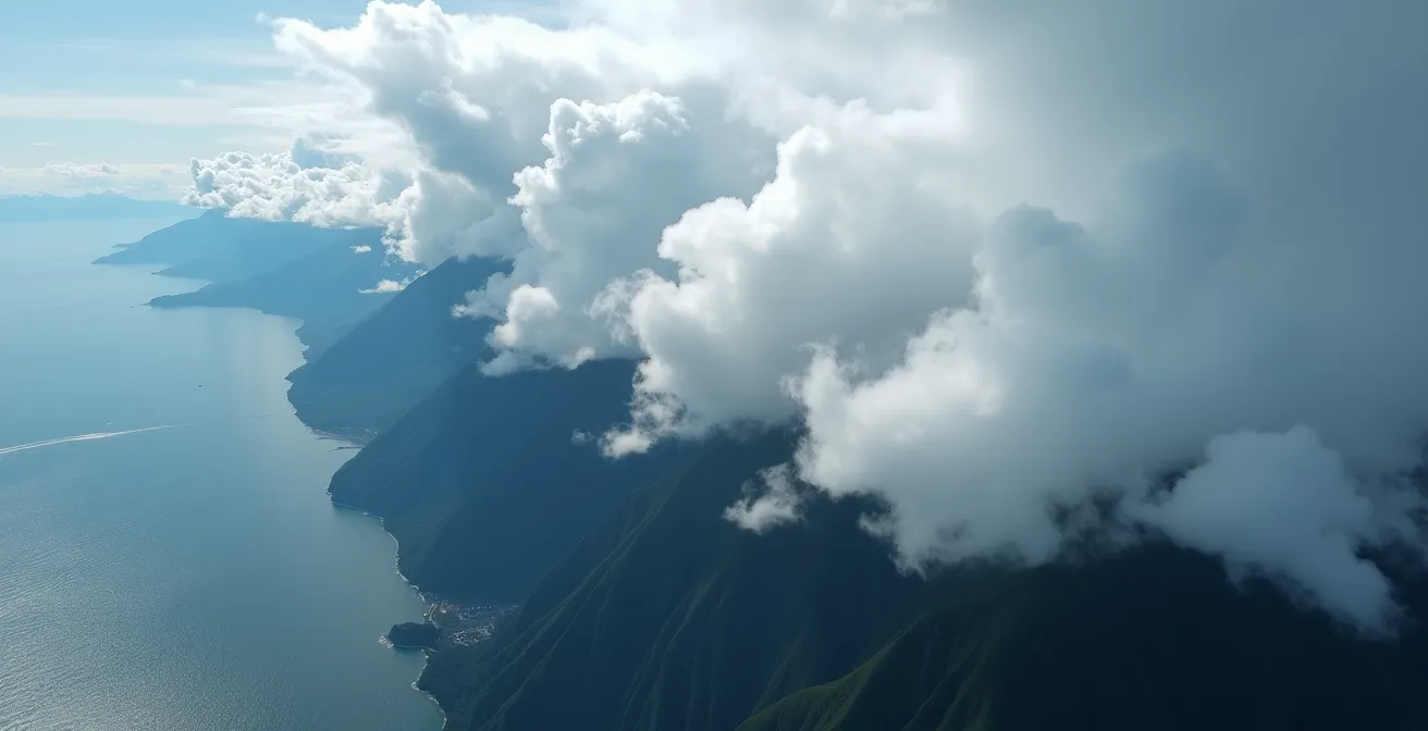 Aerial view of atmospheric river bringing heavy rain to Vancouver Island's mountainous west coast