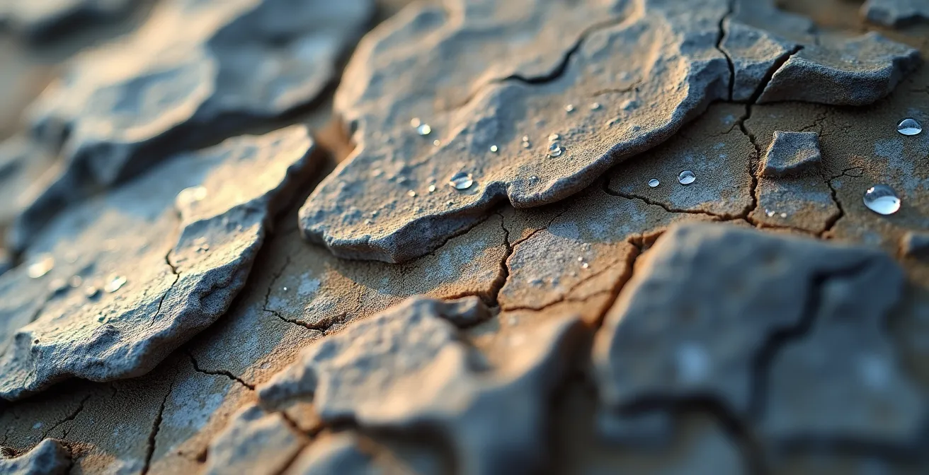 Close-up macro view of polished limestone rock surface showing wear patterns from hiking boots