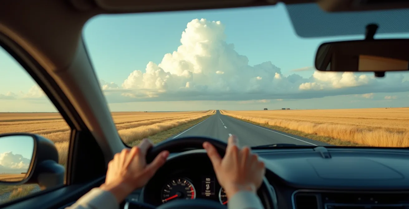 Straight highway stretching to horizon through golden wheat fields under vast sky