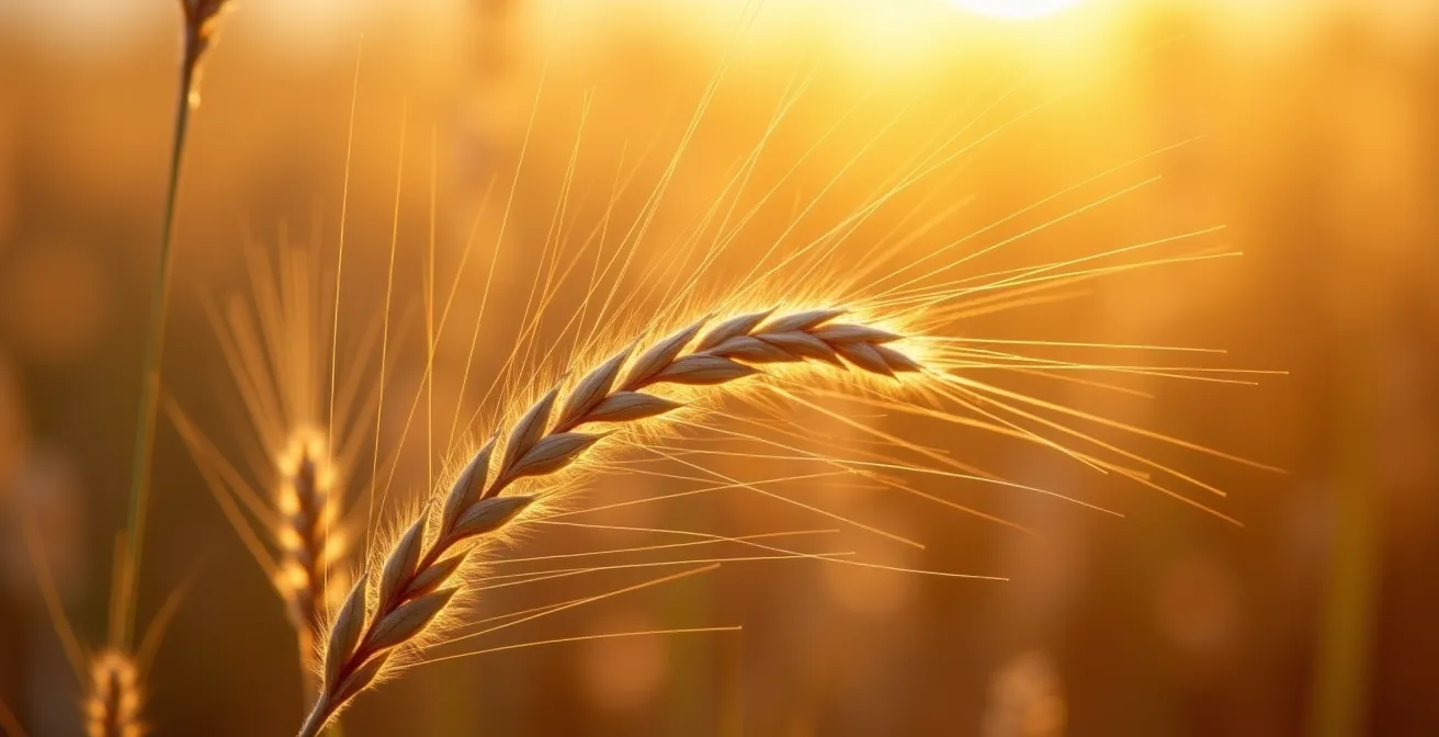 Close-up of prairie grass swaying in wind with golden light
