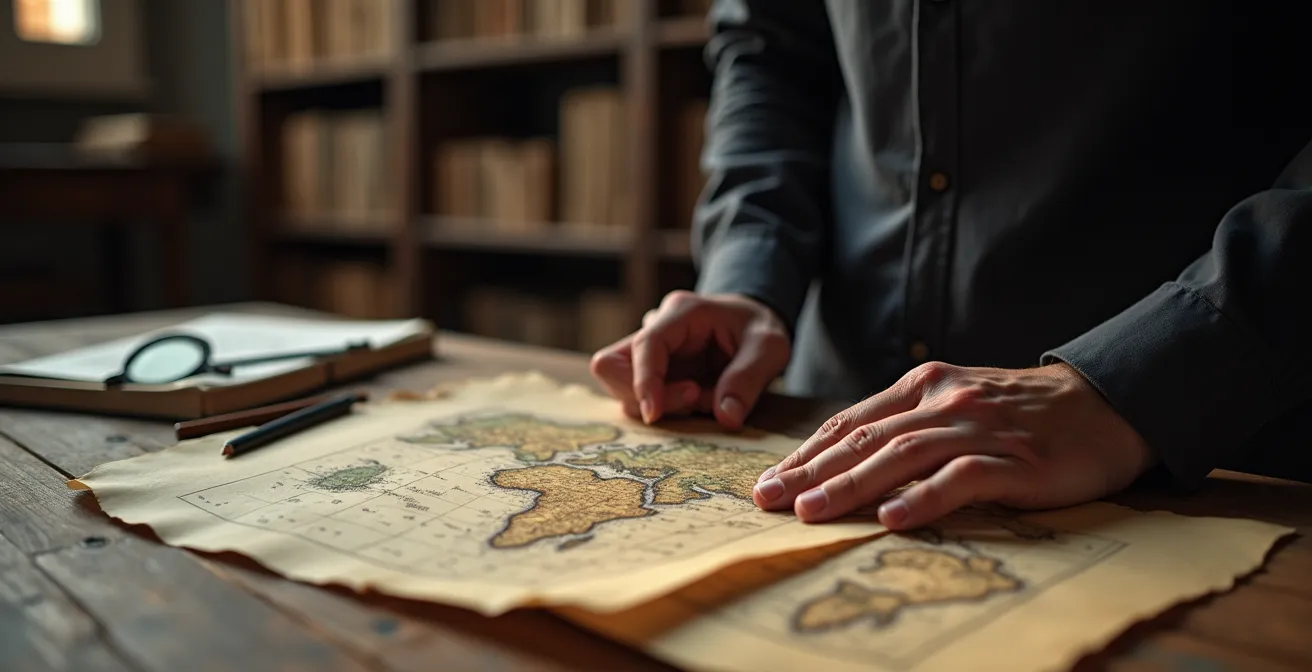 Researcher examining historical maps in Quebec archives with soft natural lighting