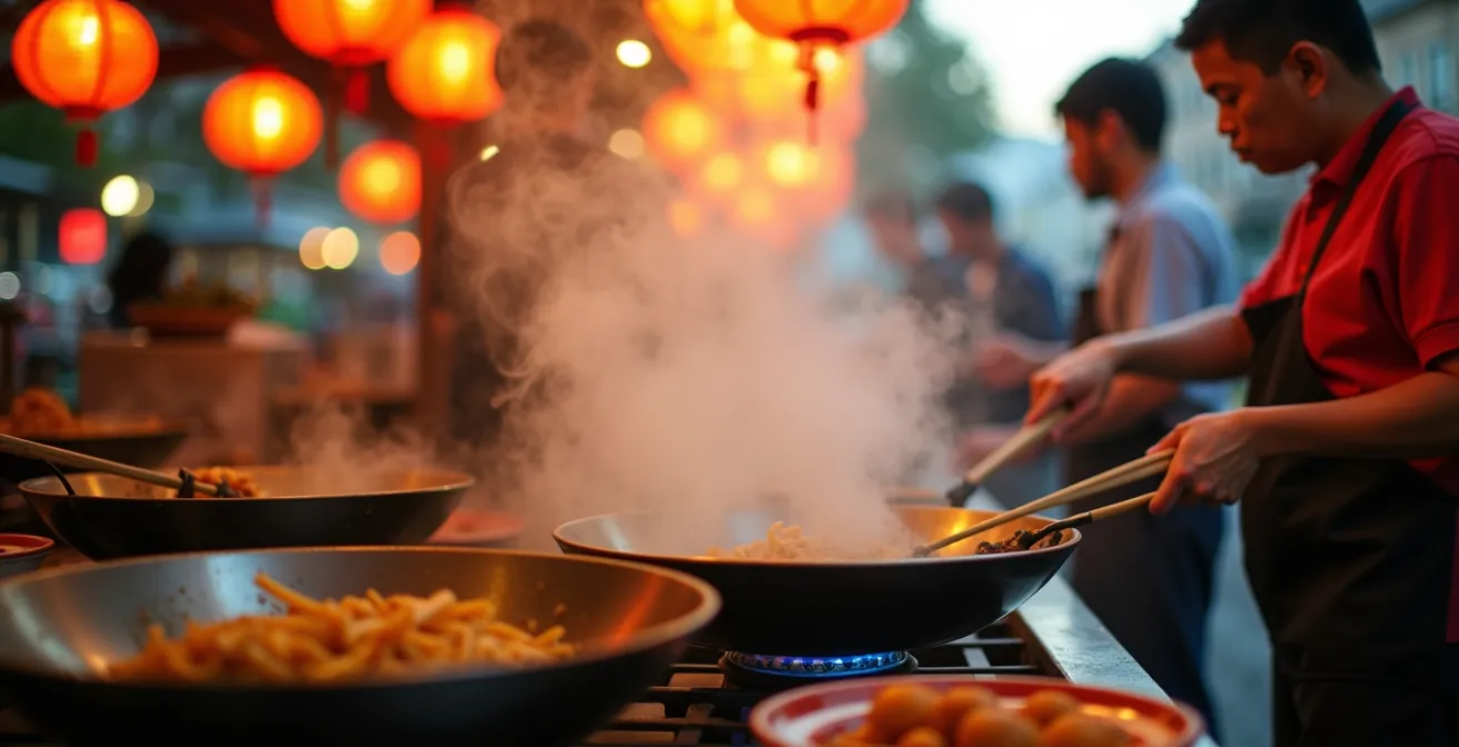 Atmospheric evening shot of Richmond's bustling Asian food market with colorful lanterns and steam rising from food stalls