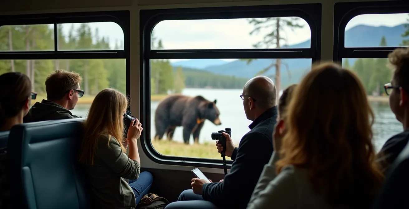 Roam Transit bus stopped for wildlife viewing with passengers observing through windows