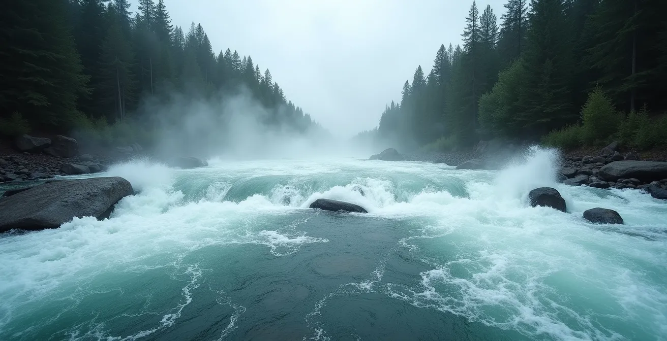Wide shot of turbulent Canadian river with forest edges showing acoustic danger zone