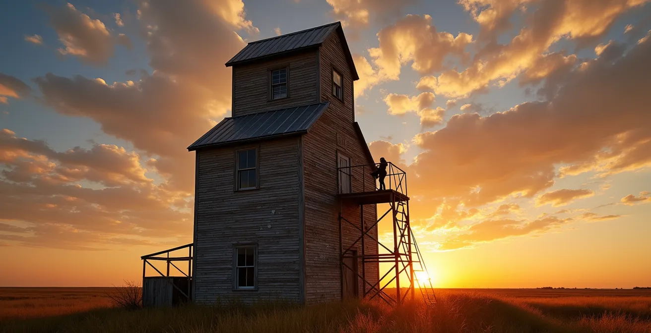 Historic wooden grain elevator against dramatic prairie sky at sunset