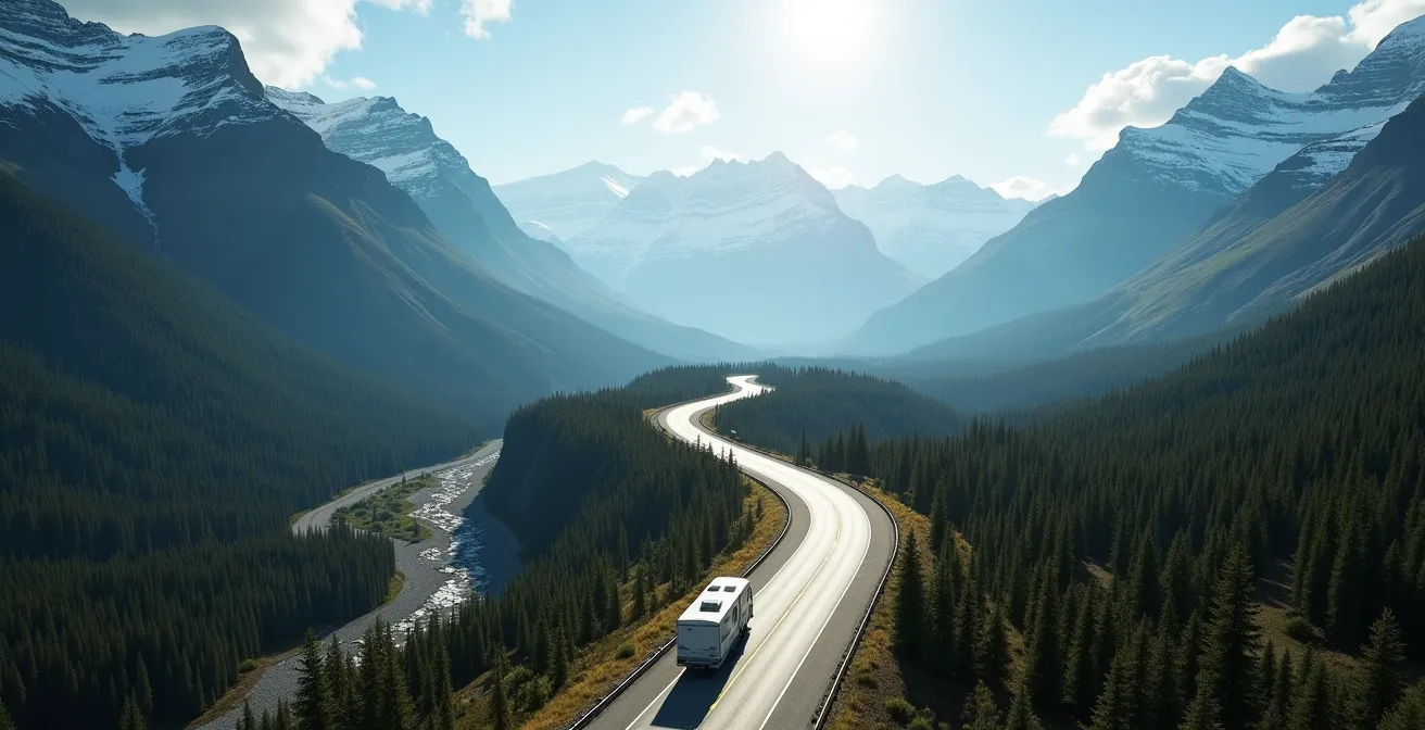 RV traveling on Icefields Parkway with mountain vista and strategic fuel stop markers