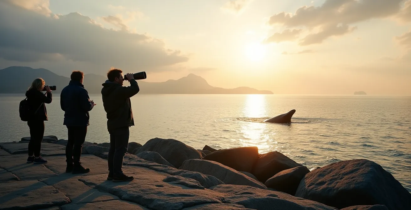 Wide landscape view of whale watchers on rocky Canadian shore with spotting scopes pointed toward distant water horizon