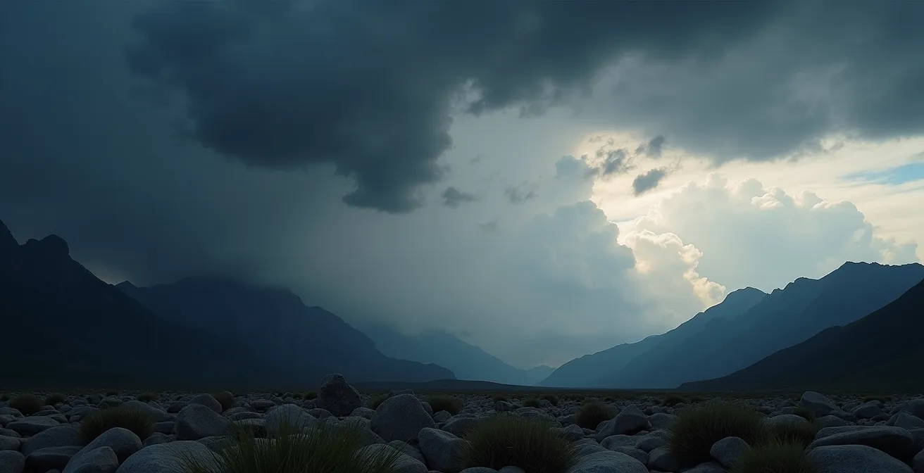 Dark storm clouds building over jagged mountain peaks in the Canadian Rockies during afternoon
