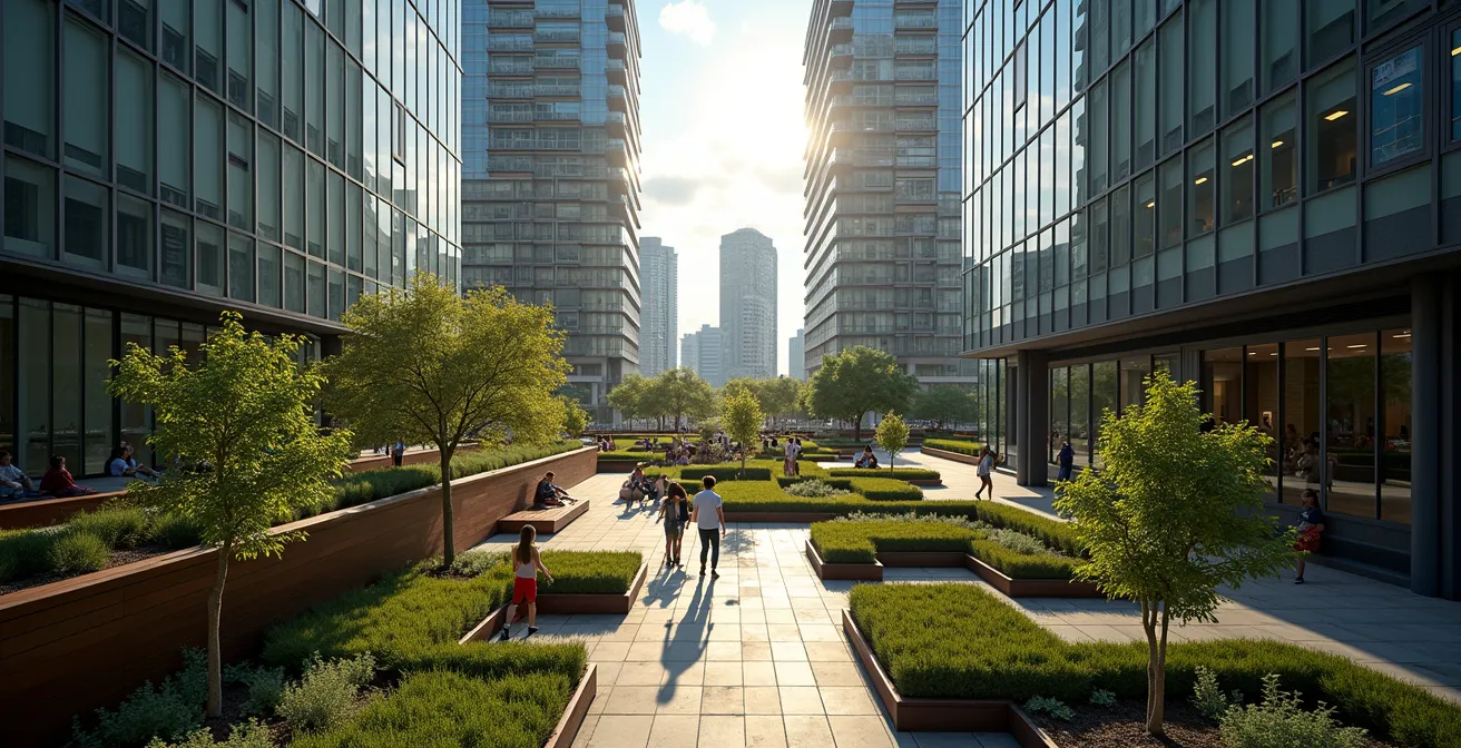 Aerial view of Toronto's Privately Owned Publicly-Accessible Spaces integrated within tower developments