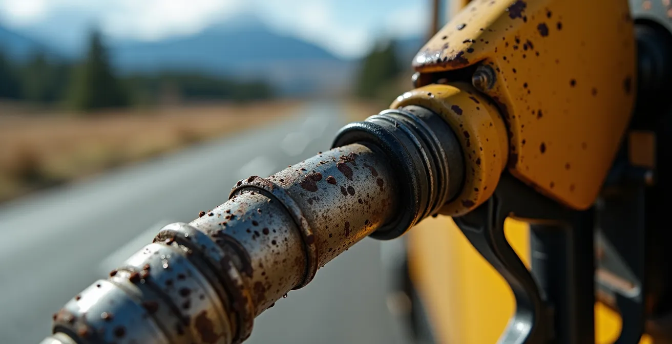 Remote gas station along Trans-Canada Highway with dramatic Canadian wilderness backdrop