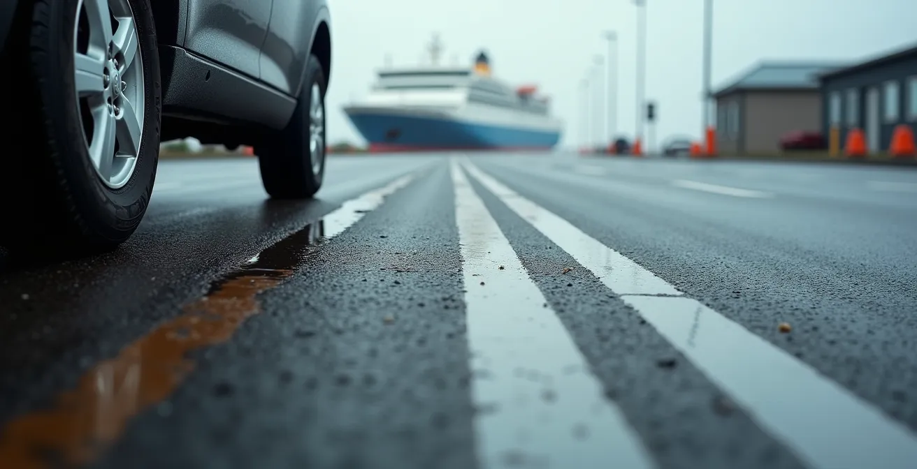 Aerial view of Tsawwassen ferry terminal showing vehicle lanes and check-in booths