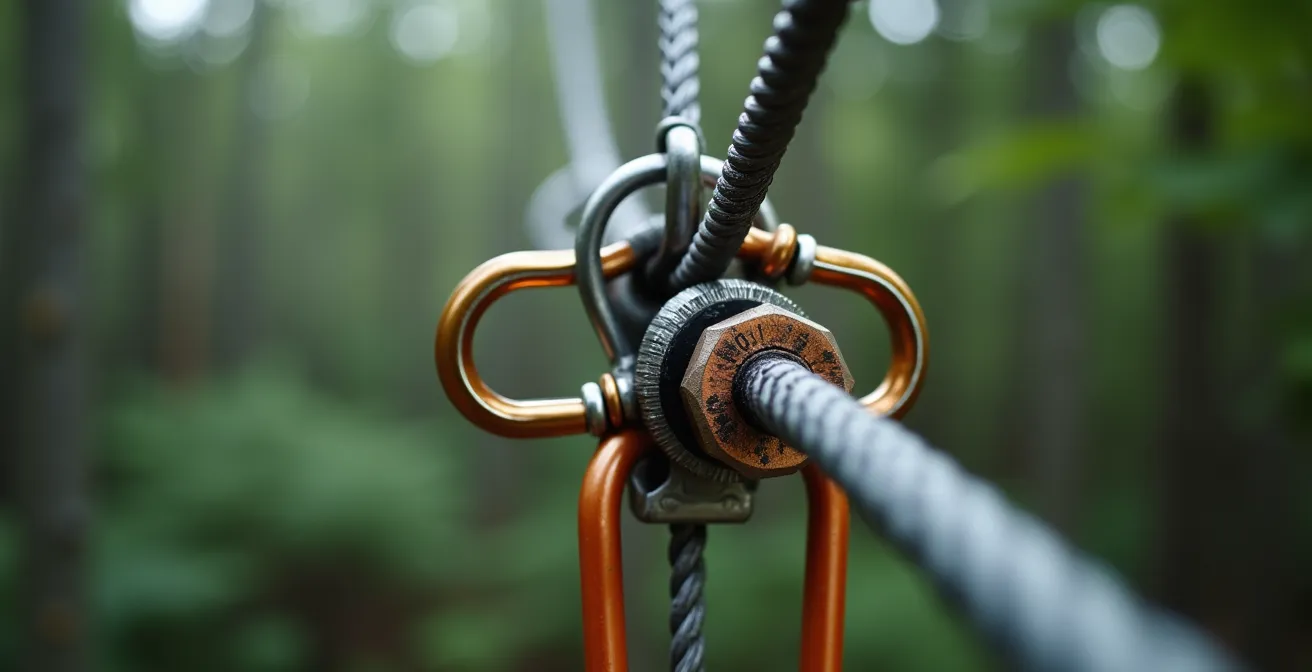 Close-up macro view of zipline cable inspection showing wear patterns and safety mechanisms
