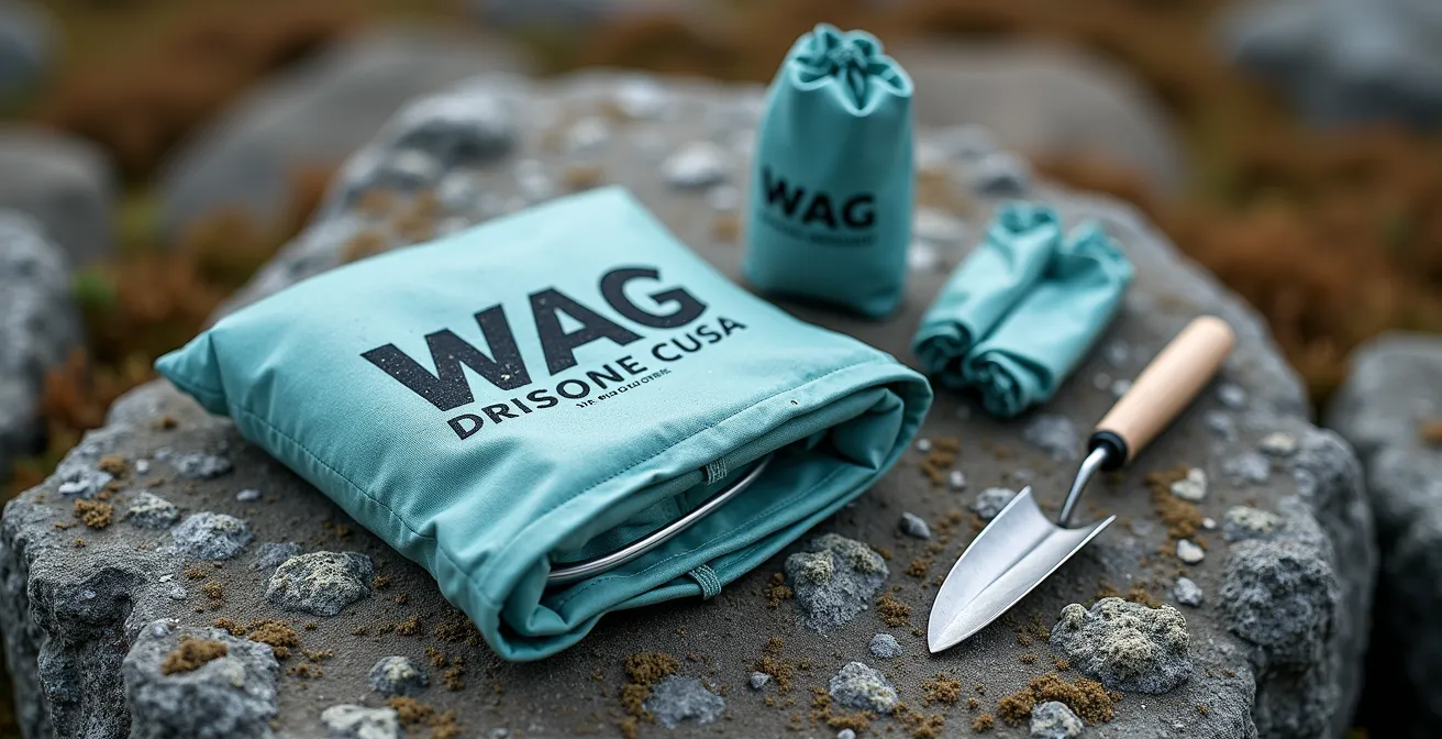 Detailed macro shot of wilderness sanitation kit components laid out on rocky tundra surface