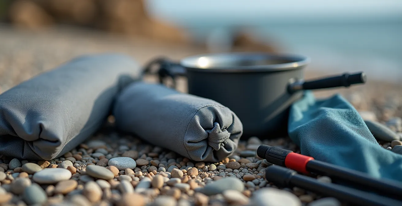 Macro view of ultralight camping gear, including technical fabrics and titanium cookware, laid out on weathered driftwood.