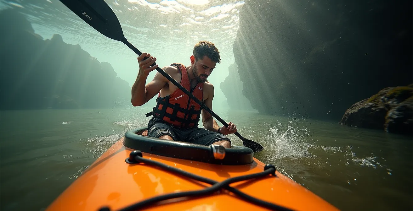 Underwater view of paddler performing tuck and push exit from capsized canoe