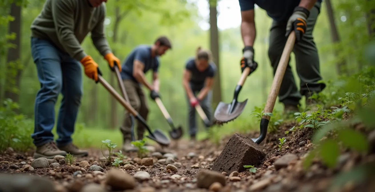 Volunteers working on trail maintenance in a Canadian national park