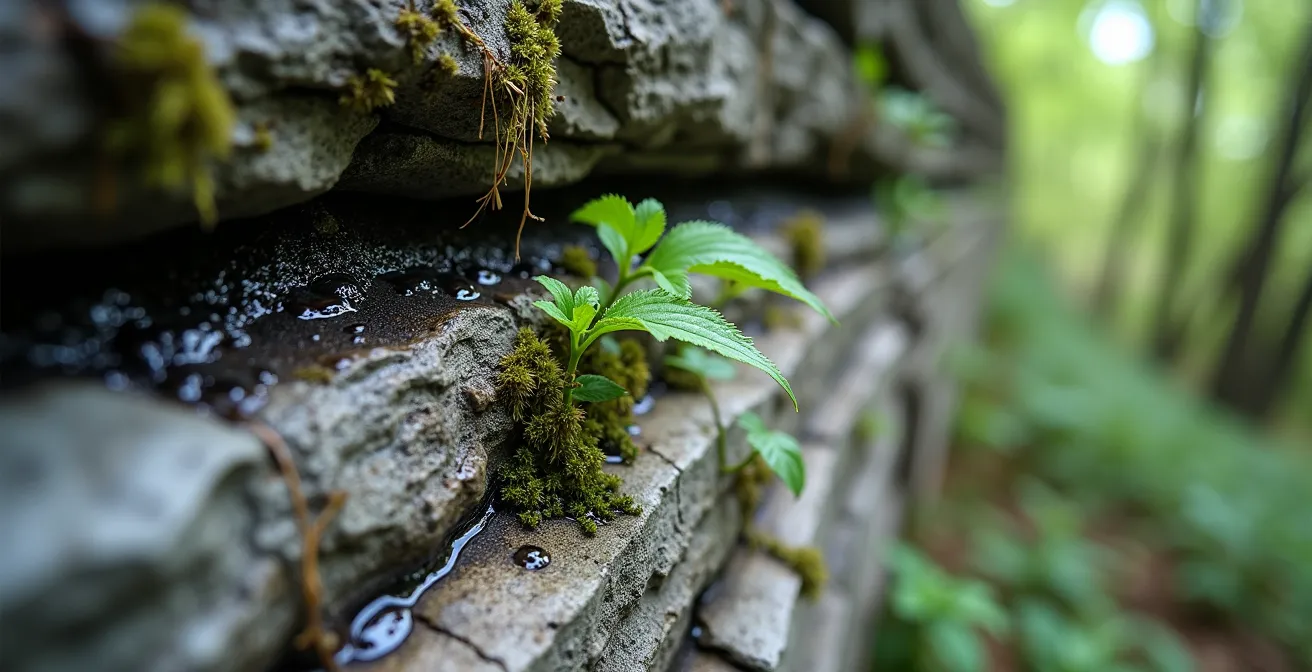 Close-up of wet limestone rock face showing dark water seepage patterns and vegetation growing from cracks