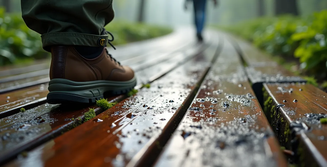 Close-up of wet cedar planks on rainforest trail showing slippery surface