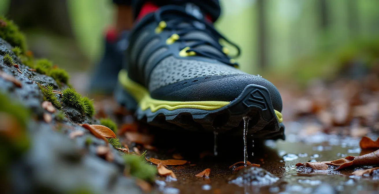 Close-up of trail runner sole gripping wet moss-covered granite rock