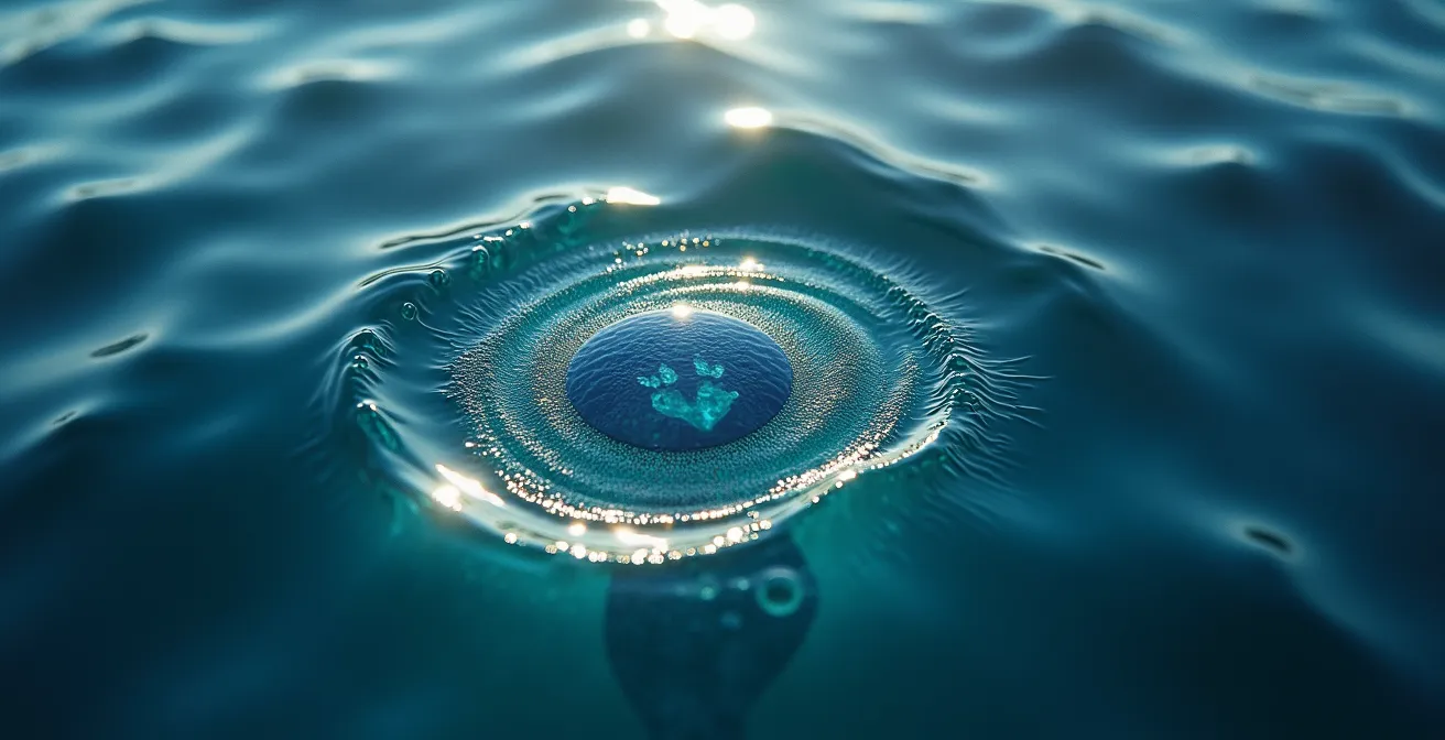 Circular calm water footprint left by diving whale with boat at safe distance