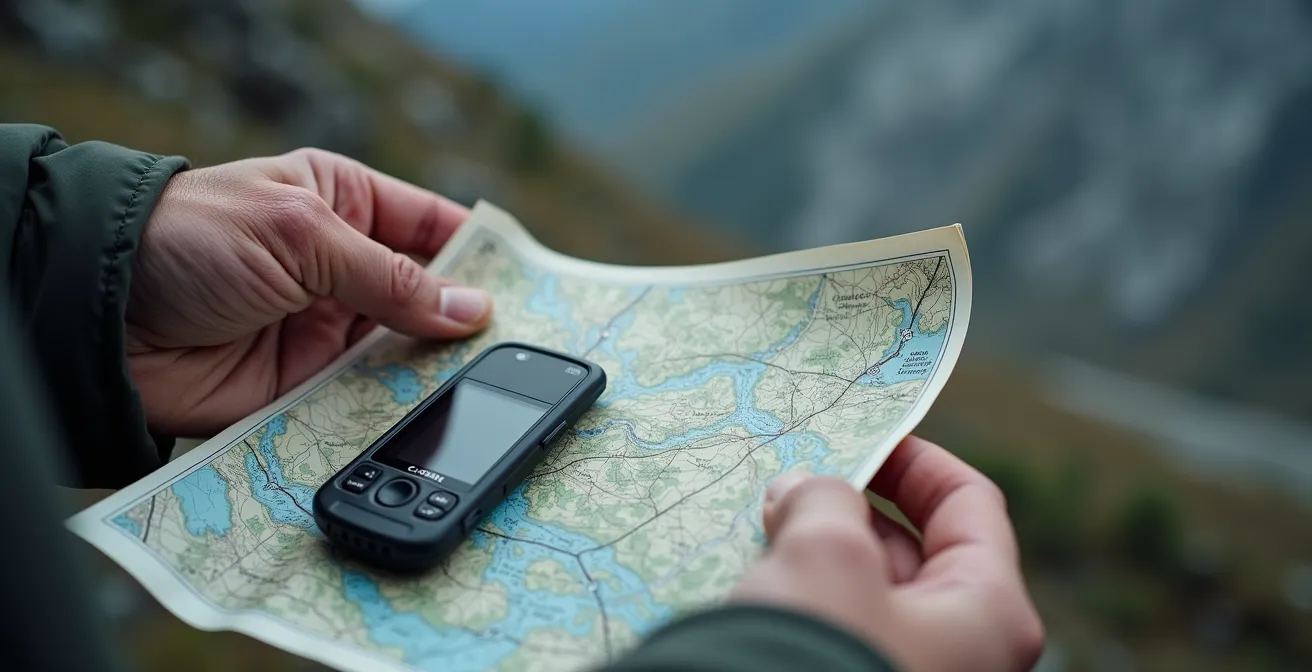Human hands holding laminated topographic map with GPS device and smartphone visible in wilderness setting